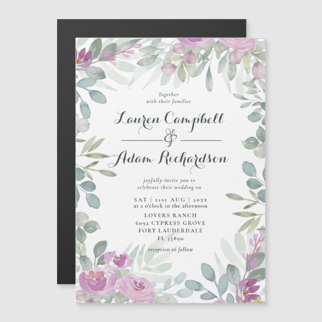 Magnético Convite de Casamento Floral Rosa em Aquarela Rústi (Frente/Verso)