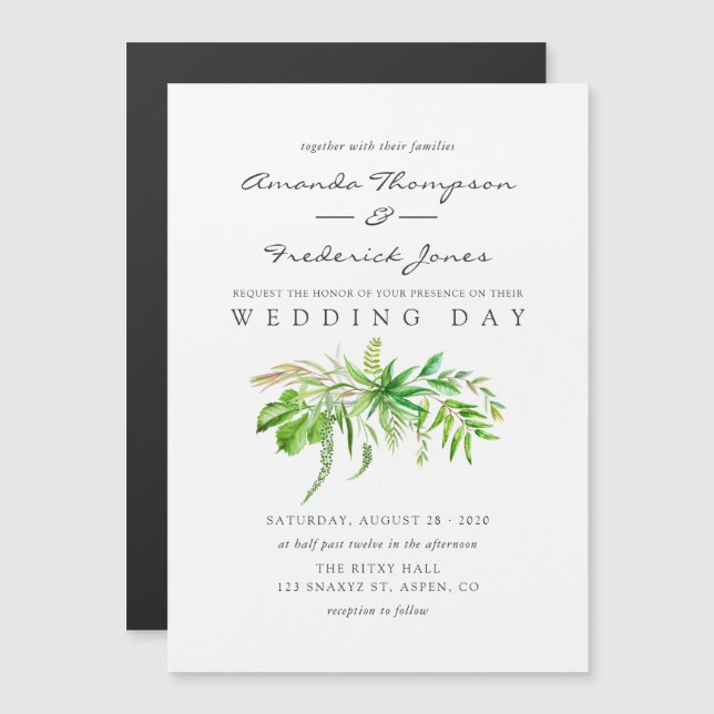 Magnético Convite de Casamento Floresta Aquarela Verde (Frente/Verso)