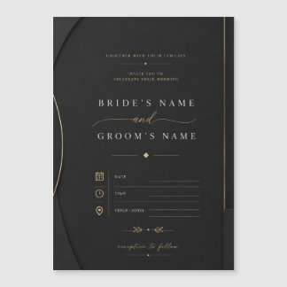 Magnético Convite de Casamento Minimalista Preto e Dourado d