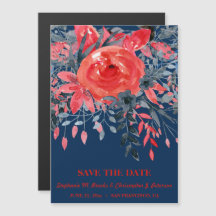 Convite de Save the Date em azul jeans e rosa verm