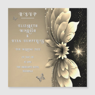 Magnético Convite para Casamento Dourado Floral Metálico Mod