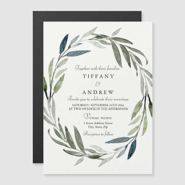 Magnético Convite Para Casamento: Moderno Elegante Leaf Wrea (Frente/Verso)
