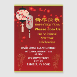 Magnético Convite para Festa de Ano Novo Chinês Vermelho e D