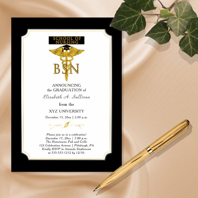 Magnético Convite para formatura da Escola de Enfermagem BSN (Elegant "BSN" Nursing Degree College Graduation Invitation -- Print and/or Download)