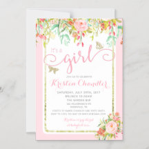 MAGNET Butterfly Girl Floral Rosa Baby Convite