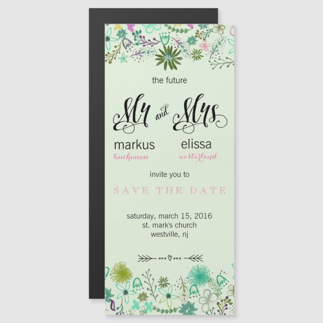 Magnético Mini Flores Salve o Convite de casamento de Data (Frente/Verso)