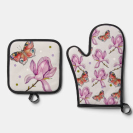 Magnolia and butterflies, watercolor pattern