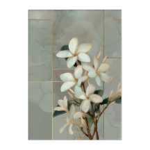 Magnólia Branca Floral Linha Dourada Mármore