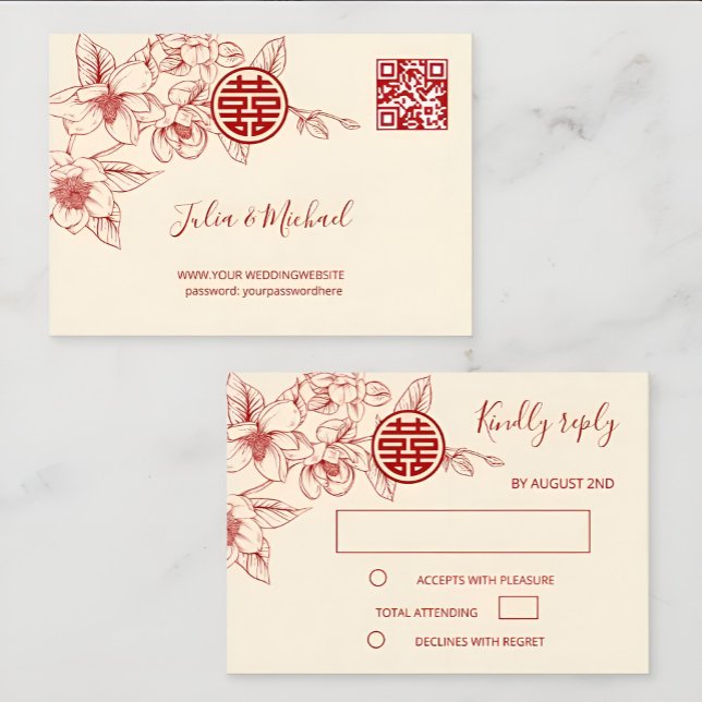 Magnolia Cream Red Chinese Wedding RSVP (Criador carregado)