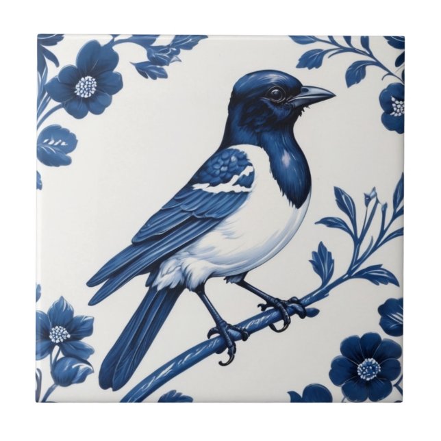 Magpie como Bird Delft Blue e White Floral (Frente)