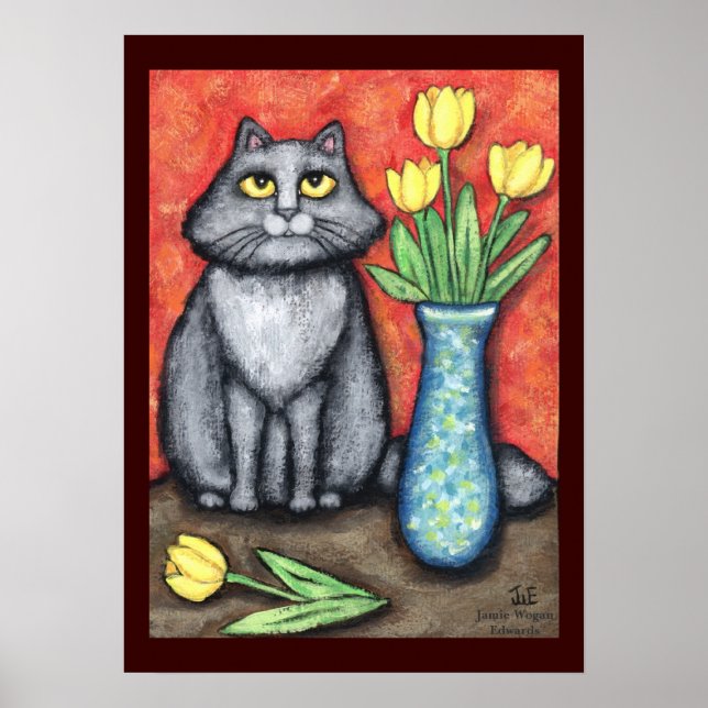 Maine Coon Cat com Tulipas Art Impressão (Frente)