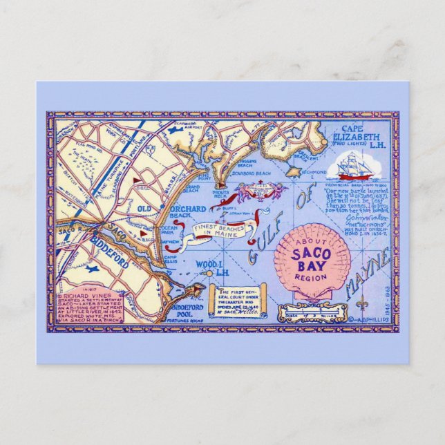 Maine - Mapa da Baía de Saco Cartão Postal (Frente)