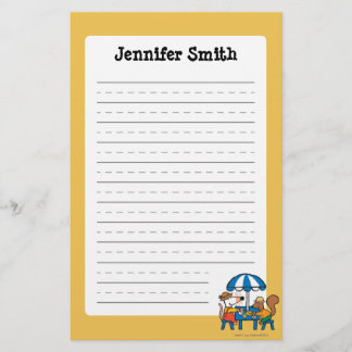 Maisy escreve cartão sob o guarda-chuva azul