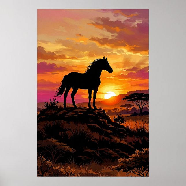 Majestic Horse Silhouette at Sunset Poster | Elega (Frente)
