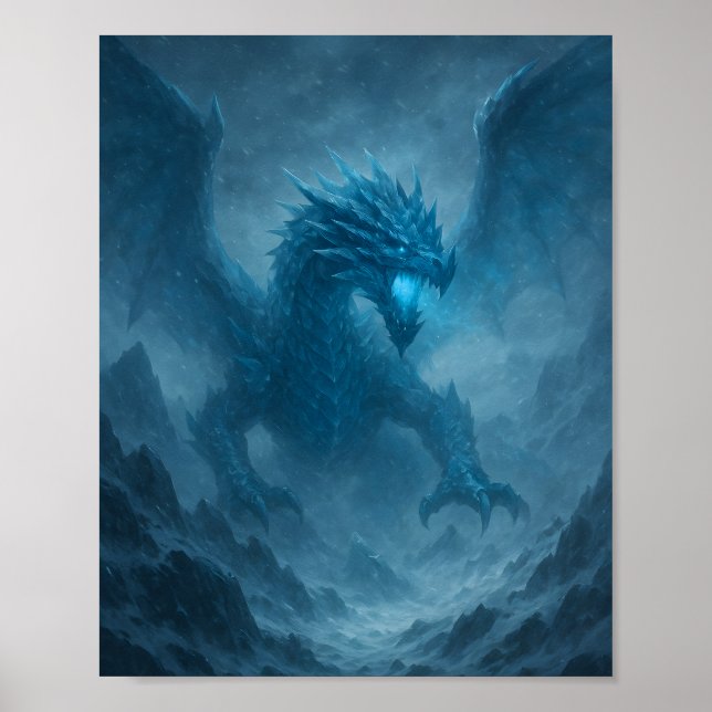 Majestic Ice Dragon in Frozen Storm Fantasy Poster (Frente)