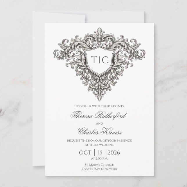 Majestic Monogram Crest Wedding Invitation (Frente)