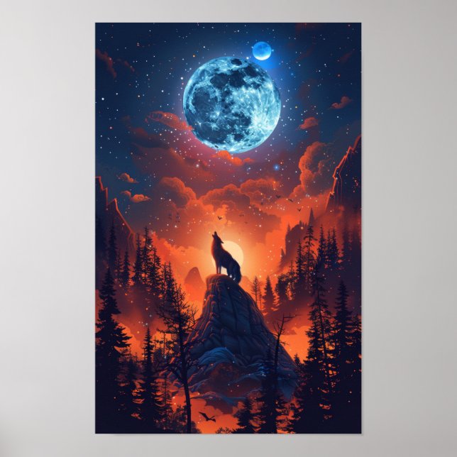 Majestoso Wolf Howling na Poster da Lua (Frente)