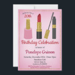 Makeup Cosmética Birthday Convite Beauty Spa<br><div class="desc">Um convite de aniversário feminino de maquiagem feminina com batom,  esmalte de unhas e rímel com fundo rosa e sotaques dourados falsos. Perfeito para aniversários de marco como o 18º 20 21rua 30 35º 45º 45º 50º 55º 60º 70.ou qualquer idade!</div>
