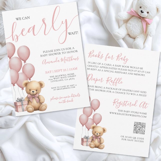 Mal Podemos Esperar Rosa Convite de Chá de Bebê Ur (Bearly Wait Pink All In One Bear Baby Shower Invitation)