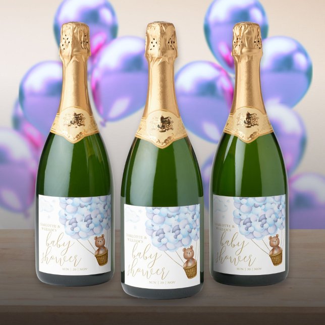 Mal Podemos Esperar Urso Teddy Azul Chã de Bebê (We Can Bearly Wait Teddy Bear Blue Baby Shower Sparkling Wine Label)