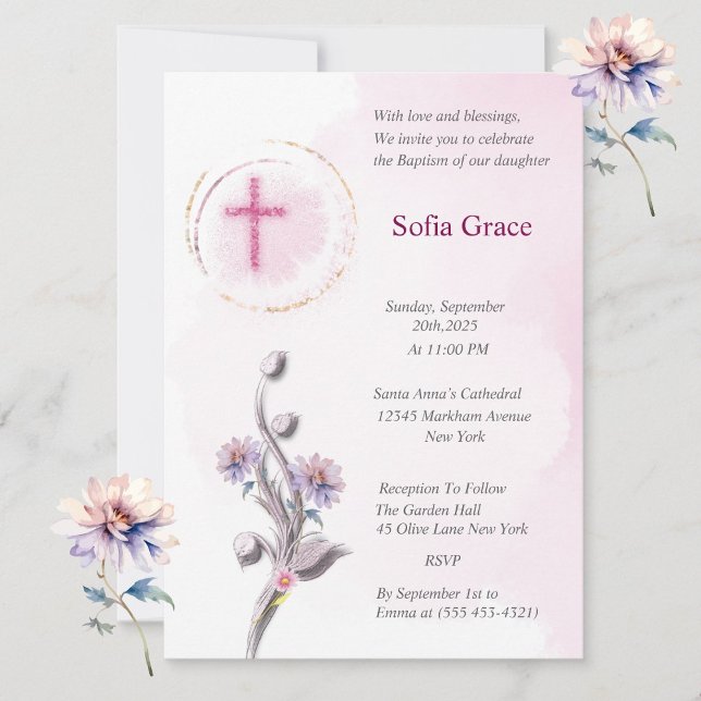 Maleável Cruz Rosa e Menina Floral Convite para Ba (Criador carregado)