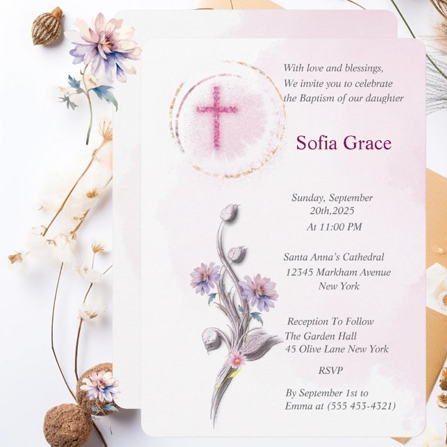 Maleável Cruz Rosa e Menina Floral Convite para Ba (Criador carregado)