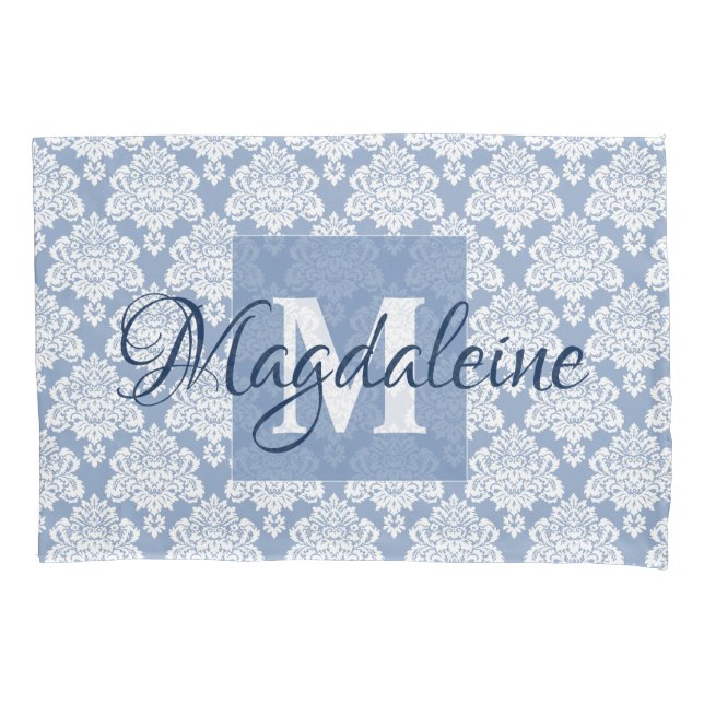 Maleta do Travesseiro Damask Azul com Monograma e  (Frente)