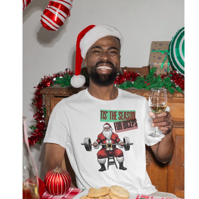 Malhação Engraçada Bicep Curls Papais noeis Barbel (Tis' The Season For Biceps. A funny Christmas gym Swole Santa Shirt)