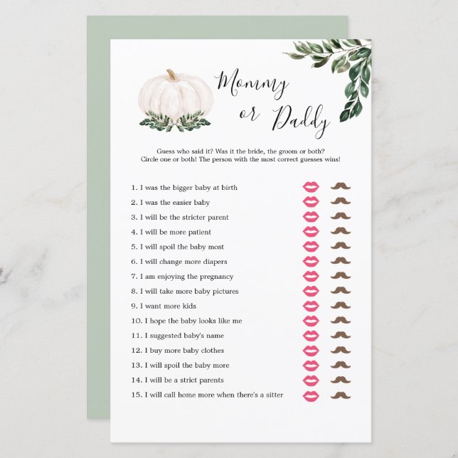 Mamãe De Abóbora Branca Ou Cartões De Jogo De Pai (Frente/Verso)