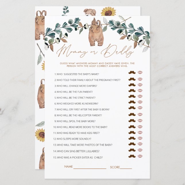 Mamãe de Aquarela ou Jogo de Chá de fraldas de Pai (Frente/Verso)