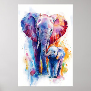 Mamãe Elefante e Bebê Impressão Aquarela, Berçário