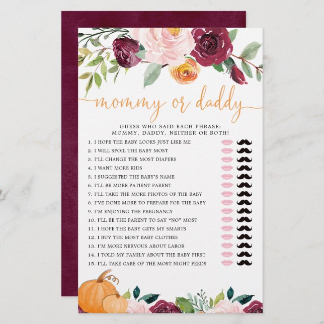 Mamãe ou jogo de Pai Bombas florais de queda (Frente/Verso)