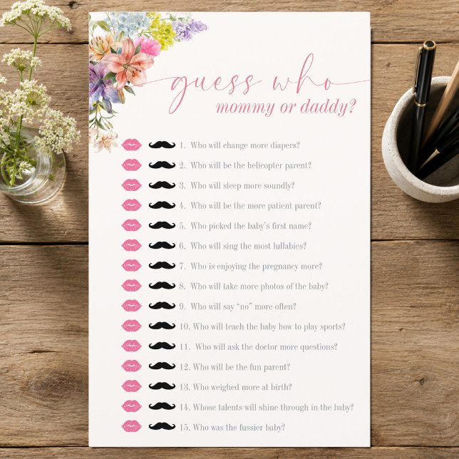 Mamãe ou Papai Jogo de Chá de Bebê com Florais em  (Guess Who Mommy Or Daddy? Baby Shower Game - Baby in Bloom)