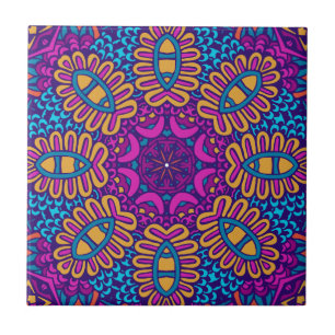 Mandal Floral Roxo, Teal, Laranja e Abstrato Doura