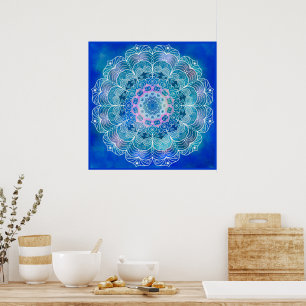 Mandala 12 Blue Teal em fundo azul - Poster