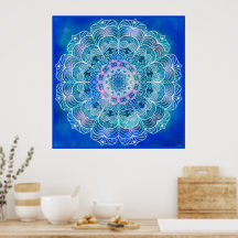 Mandala 12 Blue Teal em fundo azul - Poster