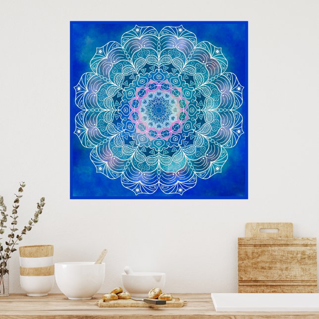 Mandala 12 Blue Teal em fundo azul - Poster (Cozinha)