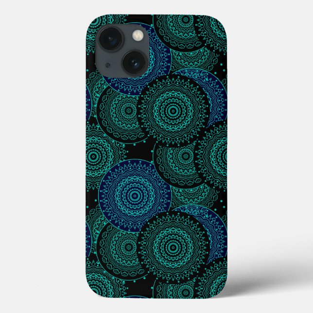 Mandala azul-turquesa, redonda, sobre fundo negro (Verso)