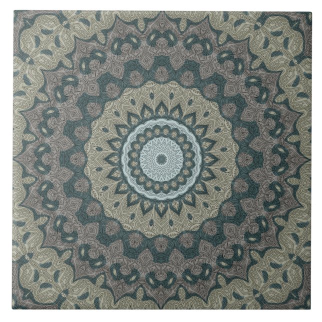 Mandala Bege e Azul-Cinzento com Simetria Tribal (Frente)