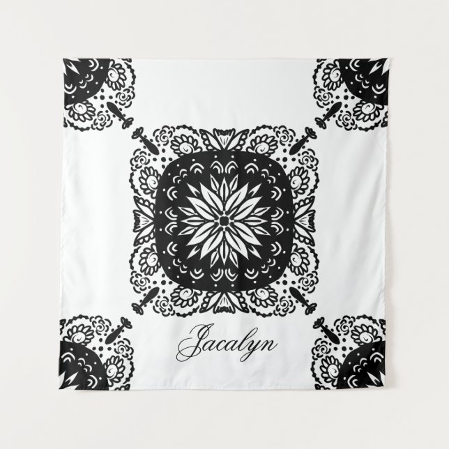 Mandala Black White Floral Name Tapeçaria (Frente)