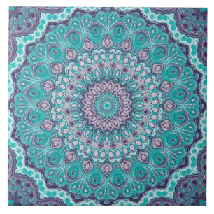Mandala em Aquarela em Azul-turquesa e Roxo