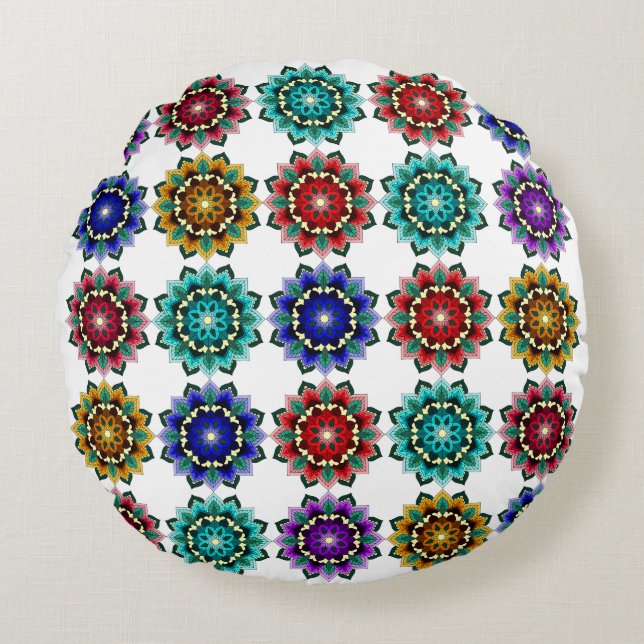 Mandala, em várias cores, em almofada redonda (Frente)