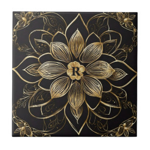 Mandala Floral Dourada Preta Monograma Inicial Ele