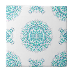 Mandalá Geométrico Floral Branco Turquesa