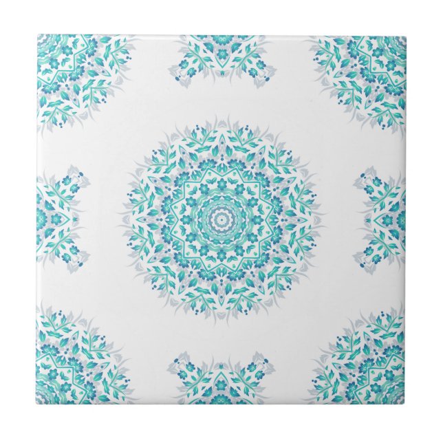 Mandalá Geométrico Floral Branco Turquesa (Frente)