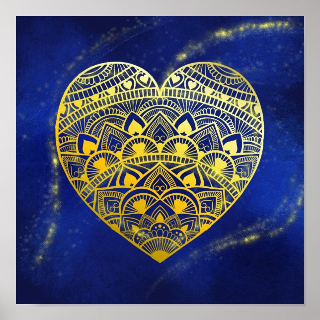 Mandala Heart Luminous Dourado e Blue Impressão (Frente)