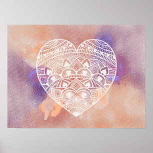 Mandala Heart Peach Purple Watercolor Impressão