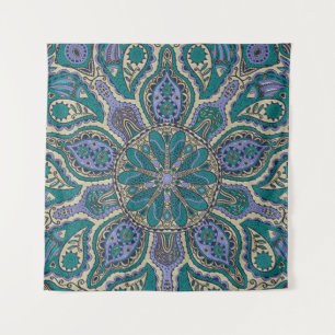 Mandala indiana Dourado roxa verde da tapeçaria d