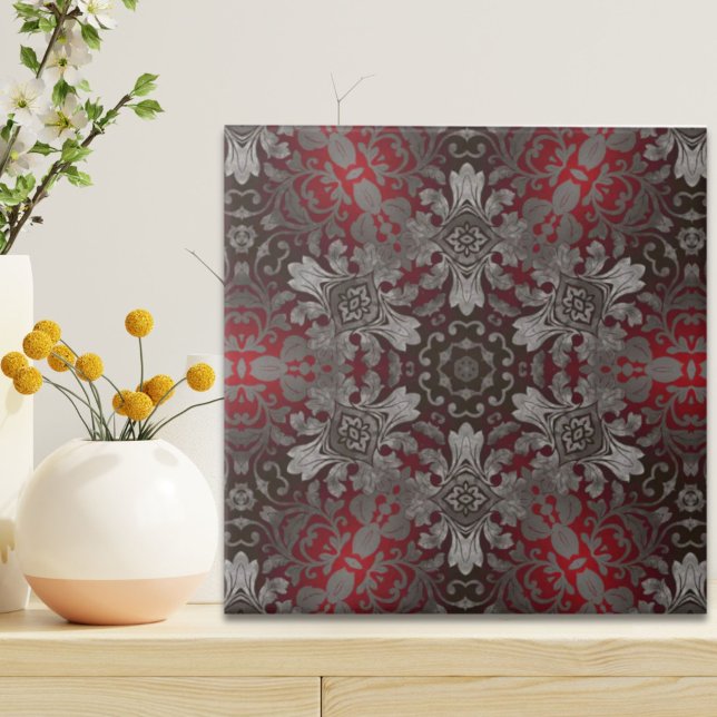 mandala preto e vermelho metálico renascentista (renaissance gothic metallic red and black mandala ceramic tile)