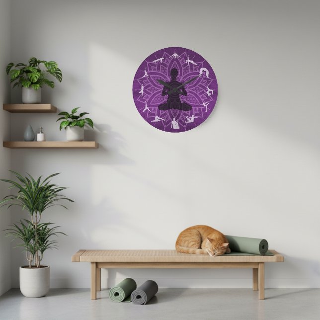 Mandala Roxo de 10" com relógio de parede Yoga Pos (Purple wall clock with yoga poses.)